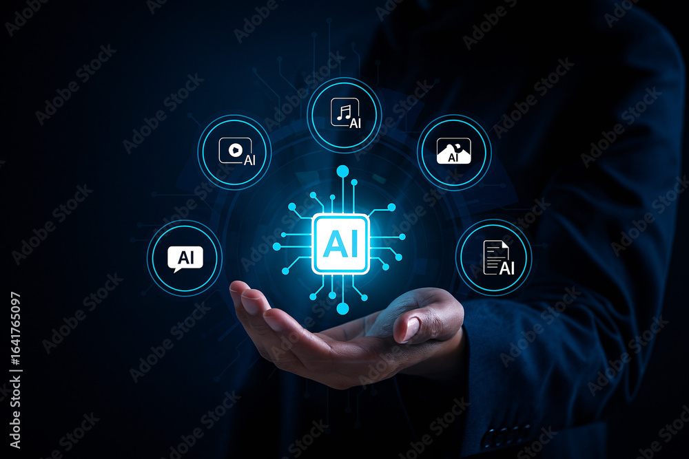 Poster businessman holding an ai interface for generating multimedia content like video, images, and text. 