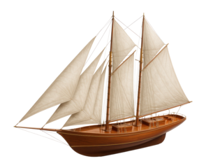 Vintage schooner with multiple sails and a polished wooden deck