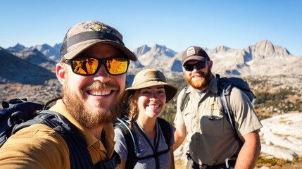 Fototapeta premium Three hikers smiling on a mountain summit, enjoying the scenic view of rugged peaks and valleys