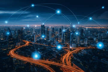 Smart city with a glowing digital network overlay. Concept of telecommunication, 5G, IoT, and global business connectivity.