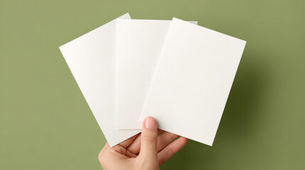 Blank invitation card mockup held by a hand against a solid green background. Perfect for showcasing greeting card designs, wedding invitations, or branding concepts.