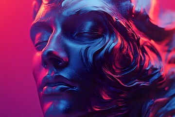 Fototapeta premium Dramatic sculpture face illuminated with vibrant neon pink and blue lighting creating modern artistic contrast and moody atmosphere for creative design projects.