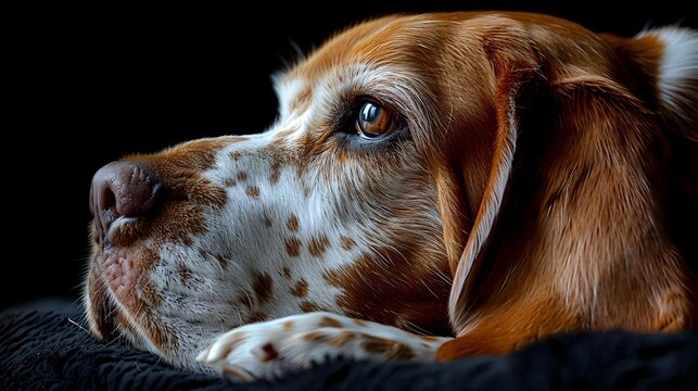 Close-up portrait of brown and white spotted hunting dog with soulful eyes against dark background, dramatic side lighting highlights facial features and fur texture.
