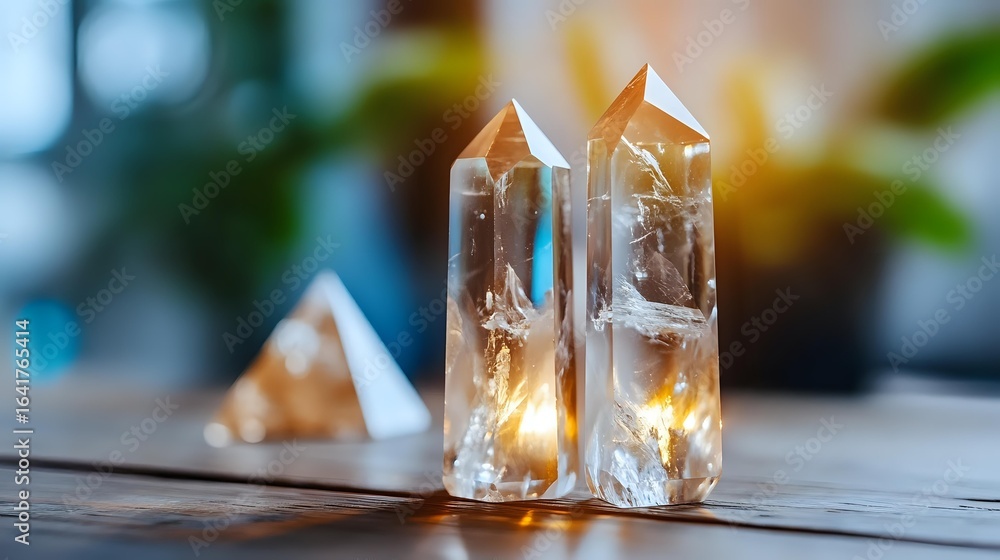 Poster clear quartz crystal points with natural inclusions on wooden surface, illuminated by warm ambient l