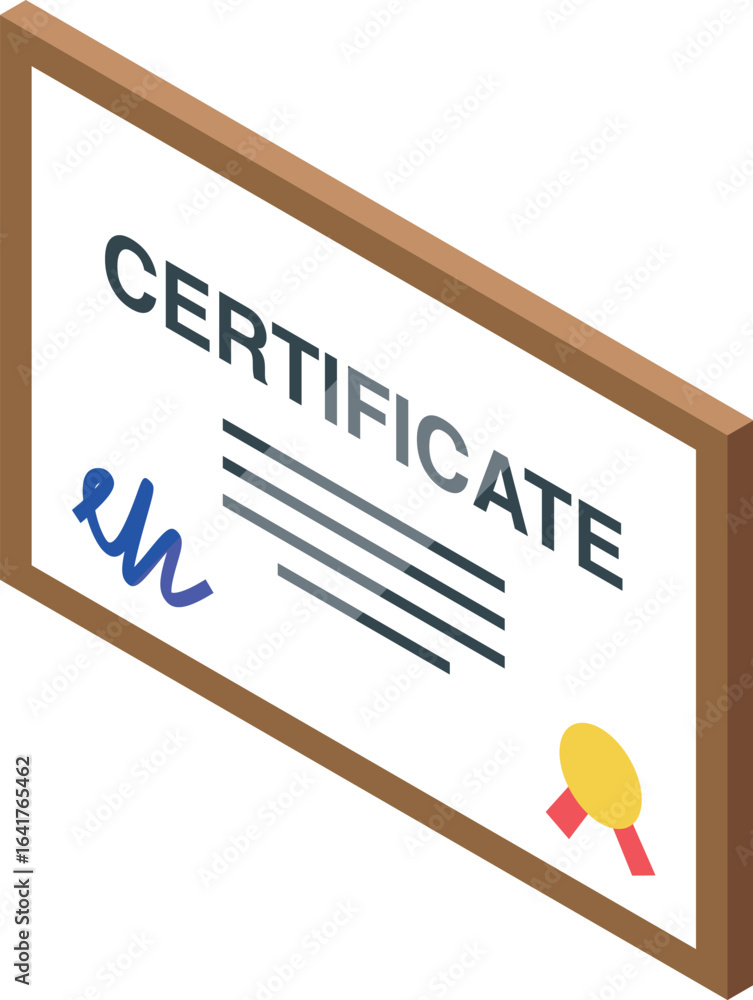 Poster isometric view of a framed certificate displaying a signature and a gold seal, symbolizing achieveme