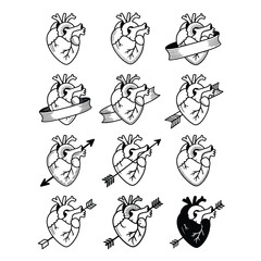 Fototapeta premium Black and white vector collection of heart illustrations in various styles including line-art filled and stylized for Valentine’s Day