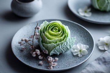 A delicate rolled cabbage dish displayed on a kitchen table with a minimalist style, captured from a top-down angle for culinary art.