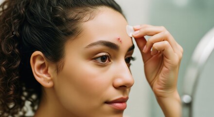 Fototapeta premium Woman applying pimple patch to acne on forehead for skin care