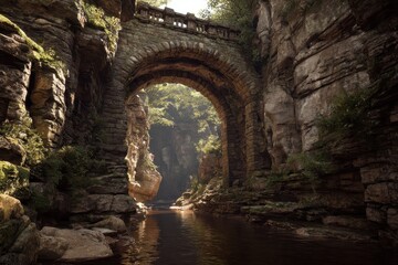 Ancient stone arch bridges over a serene river in a lush canyon during midday light