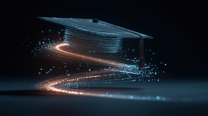 A 3d graduation cap hologram of data symbolizing education, learning and an AI agent and AGI technology using agentic superintelligence for autonomy and the growth of ASI during the singularity