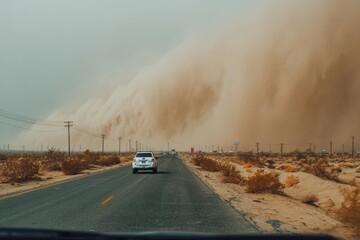 Dust storm approaches highway near desert landscape creating low visibility for drivers during daytime travel