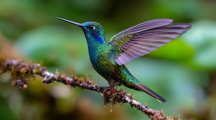 Fototapeta premium Iridescent hummingbird with wings spread perched on a mossy branch in lush greenery