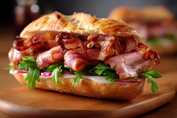 A delicious bacon sandwich served in a cozy kitchen setting, captured in a close-up shot to highlight the mouthwatering culinary delight.