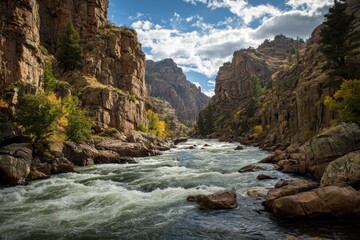 Rushing river flows through rocky canyon under bright blue sky with fluffy clouds in autumn landscape