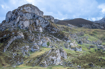 The picturesque Covadonga Lakes nestled in the Picos de Europa mountains, Asturias, Spain, offer...