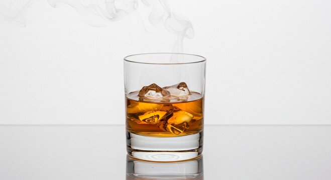 A glass of whiskey with ice cubes and a wisp of smoke on a white background on a reflective surface