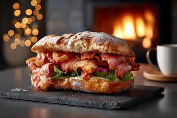 A delicious bacon sandwich served in a cozy kitchen setting, captured in a close-up shot to highlight the mouthwatering culinary delight.