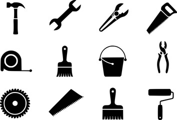 Fototapeta premium Black and white icons of construction and painting tools hammer wrench