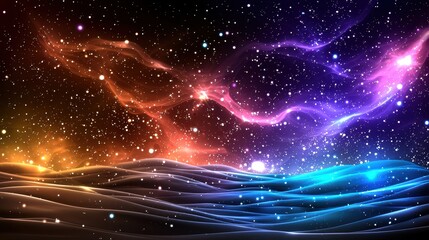 Obraz premium Cosmic Nebula Landscape Vibrant Purple, Orange, and Blue Hues