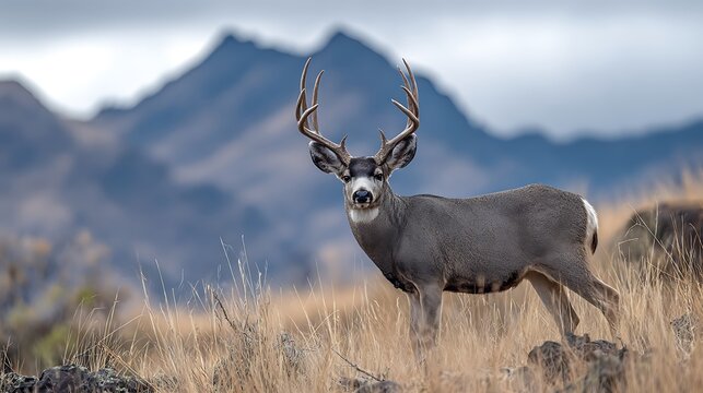 Majestic mule deer buck with impressive antlers stands proudly in a mountainous landscape