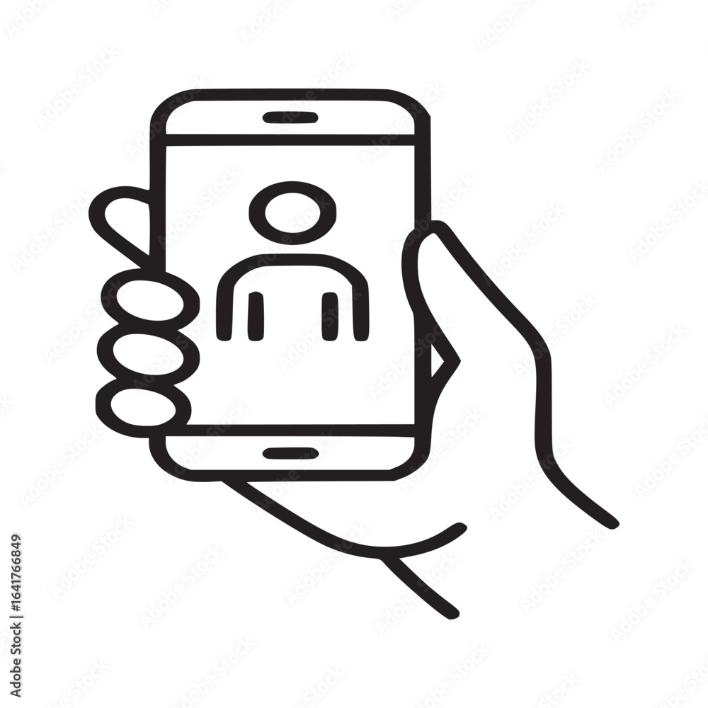 Aufkleber a hand holding a smartphone with a profile icon displayed on the screen in a line art style