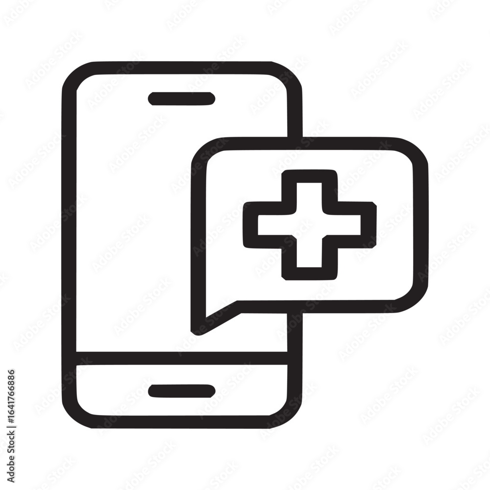 Poster isolated outline of a smartphone with a speech bubble containing a plus sign on a white background