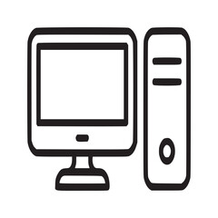 A simple line drawing of a desktop computer with a monitor and a tower on a white background space