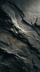 A striking close-up of dark, textured rock formations creates a rugged and atmospheric scene.