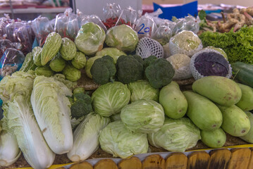 An assortment of fresh vegetables at the market, neatly laid out on the counter 