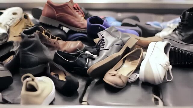 Pile of Assorted Shoes on Airport Conveyor Belt