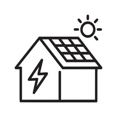 Line drawing of a house with solar panels on the roof and a lightning bolt on the side with sun above