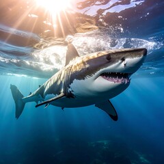 Fototapeta premium Majestic great white shark underwater, sunlit