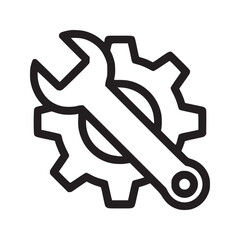 An illustration of a wrench tool resting on a gear icon in black outline on a white background