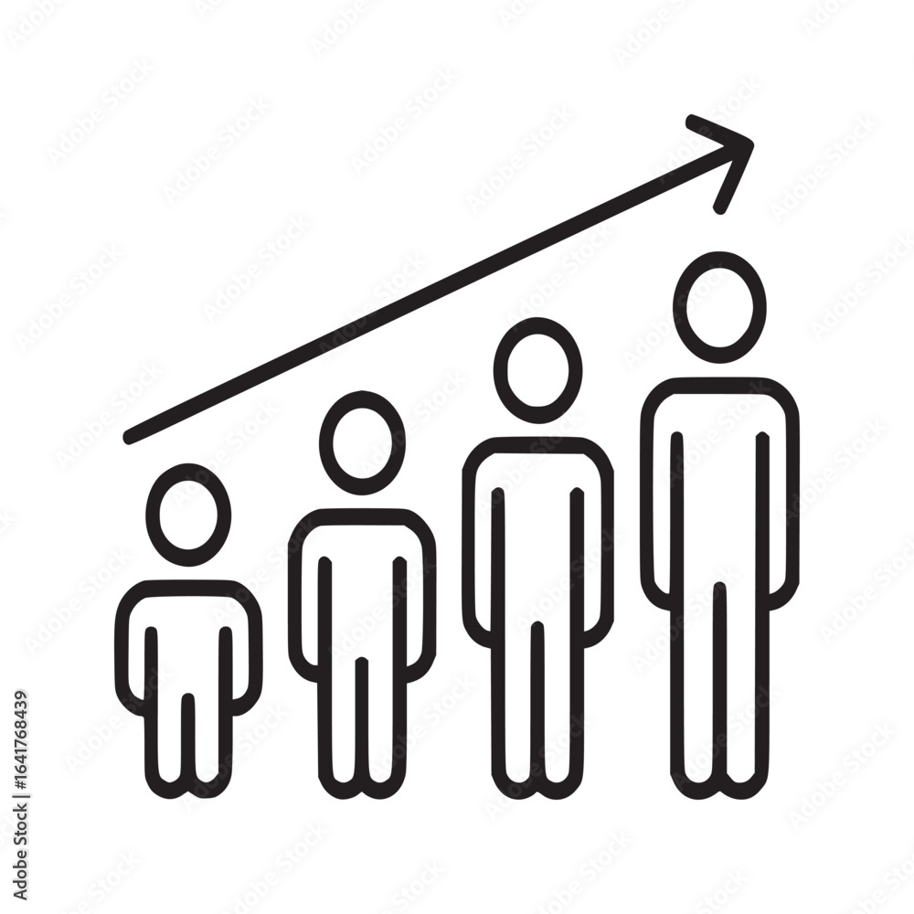 Poster line chart showing growth with stick figures in ascending order on a white background simple design