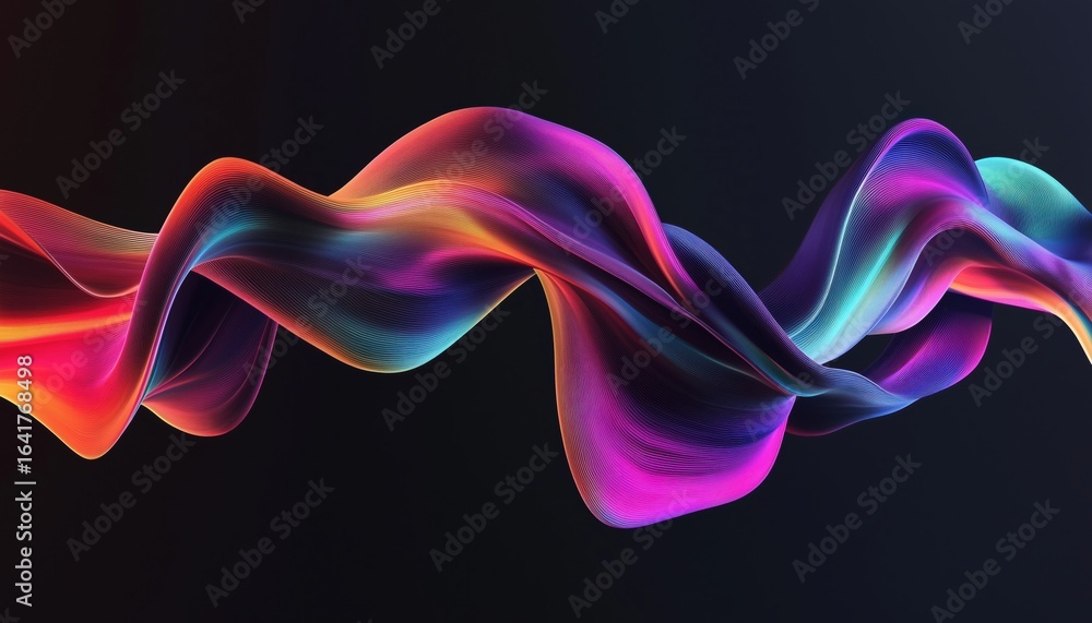 Poster Rainbow Wave: An Abstract Squiggle Curve Pattern Shape With Gradients On A Black Background.
