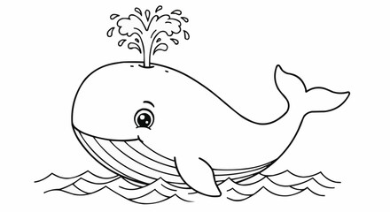 Cartoon whale blowing water in ocean waves, black and white illustration, children's coloring book  