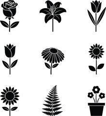 Obraz premium Collection of black flower silhouettes. A vector set of floral and botanical icons.