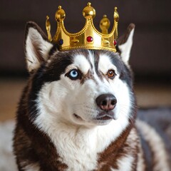 Majestic husky dog wearing a golden crown, indoors