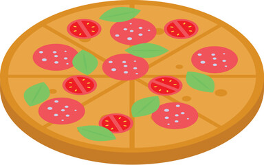 Tasty pizza with salami, tomato and basil topping, shown in isometric view