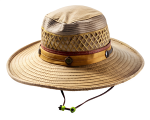 Tan woven straw sun hat with decorative band and chinstrap isolated on transparent background
