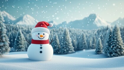 Stunning Christmas Winter Night Landscape: Snowman, Forest, And Mountains In Snowy Weather With Lush Fir Trees And Snowflakes.