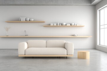Modern minimalist living room with wooden shelves and a cream couch