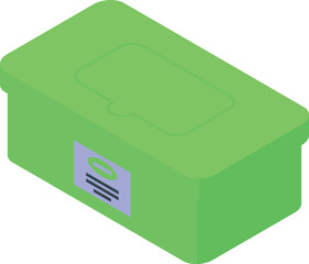 Isometric view of a green wet wipes box featuring a convenient opening and a label, perfect for hygiene and cleaning