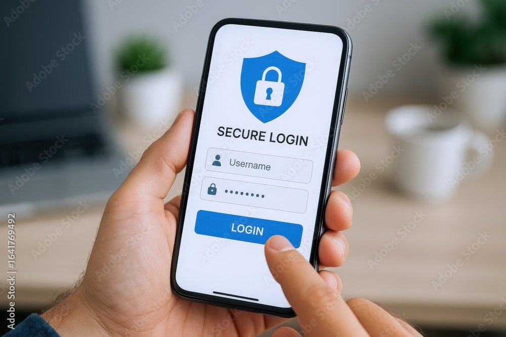 Poster secure mobile access: hand holding smartphone with login screen for security authentication