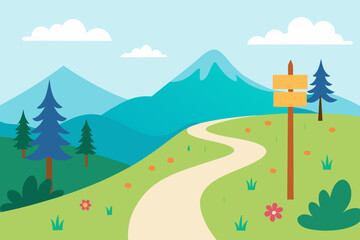 Obraz premium Vector illustration of a summer landscape with a country road leading to green mountains under a cloudy sky