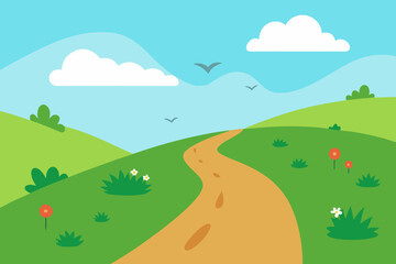 Fototapeta premium Vector illustration of a vibrant summer landscape with green hills, a blue sky, and fluffy clouds