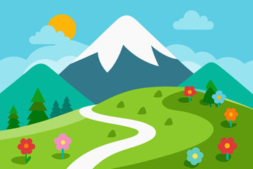Fototapeta premium Natural mountain landscape with green hills, a vibrant sky, and trees under a summer sun
