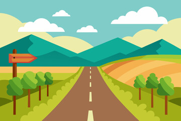 Obraz premium A colorful cartoon summer landscape with green hills, a winding road, and a blue sky with clouds