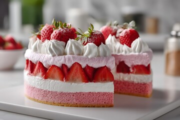 A delicious strawberry layered cake served in a bright kitchen setting, captured in a close-up shot for a fresh and indulgent dessert concept.