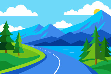 A snowy winter road winds through a mountain landscape with a forest under a cloudy sky